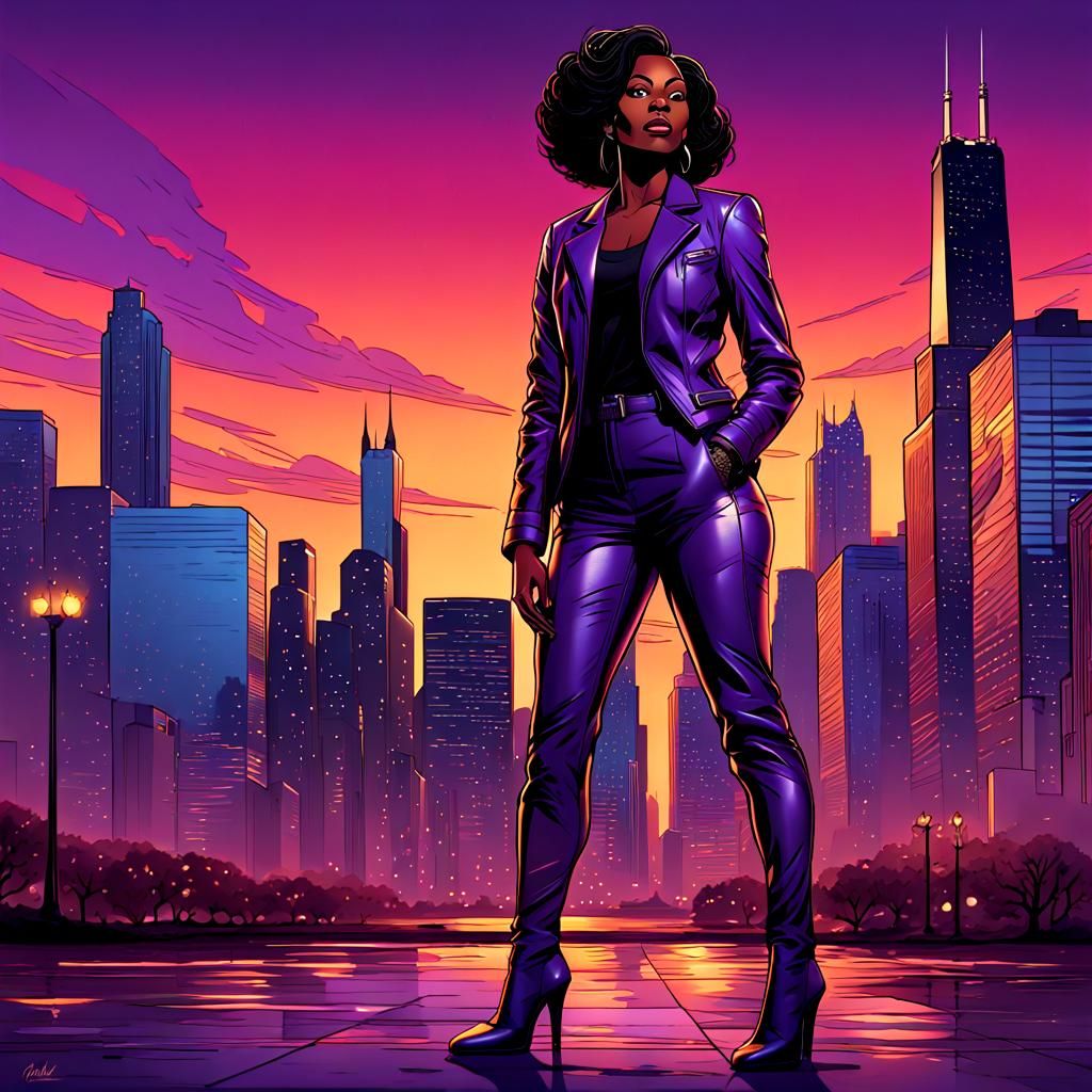 Confident Woman in Leather Suit, Comic Book Art