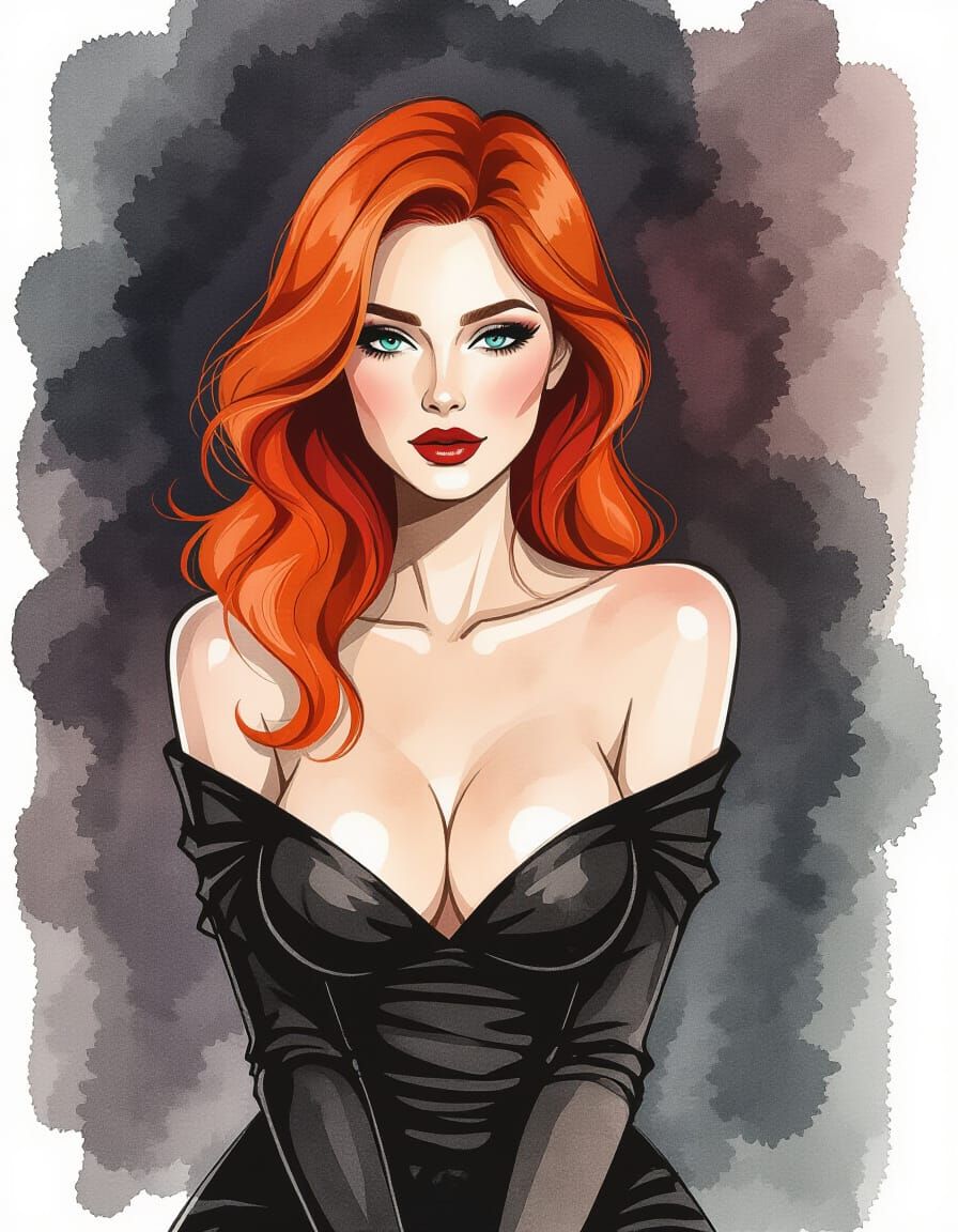 Abstract Fashion Sketch: Red-Haired Woman in Watercolor