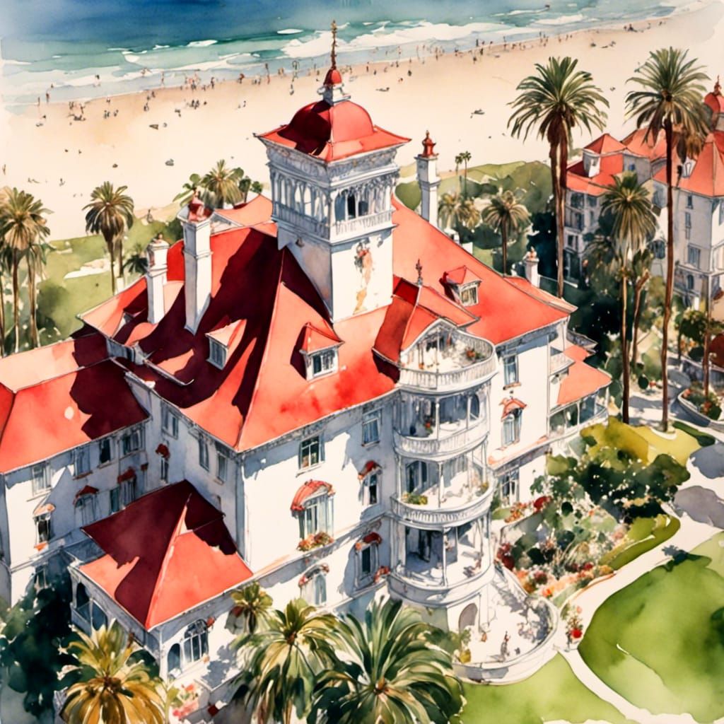 Hotel Del Coronado: Aerial View in Watercolor Style