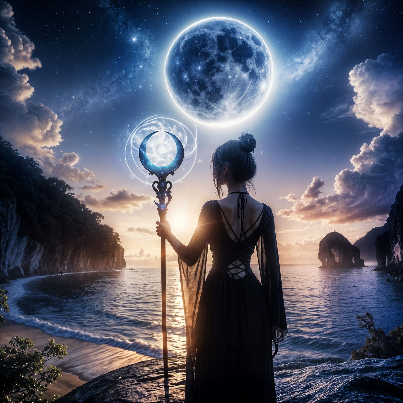 Ethereal Moonlit Silhouette of Woman with Mystical Staff