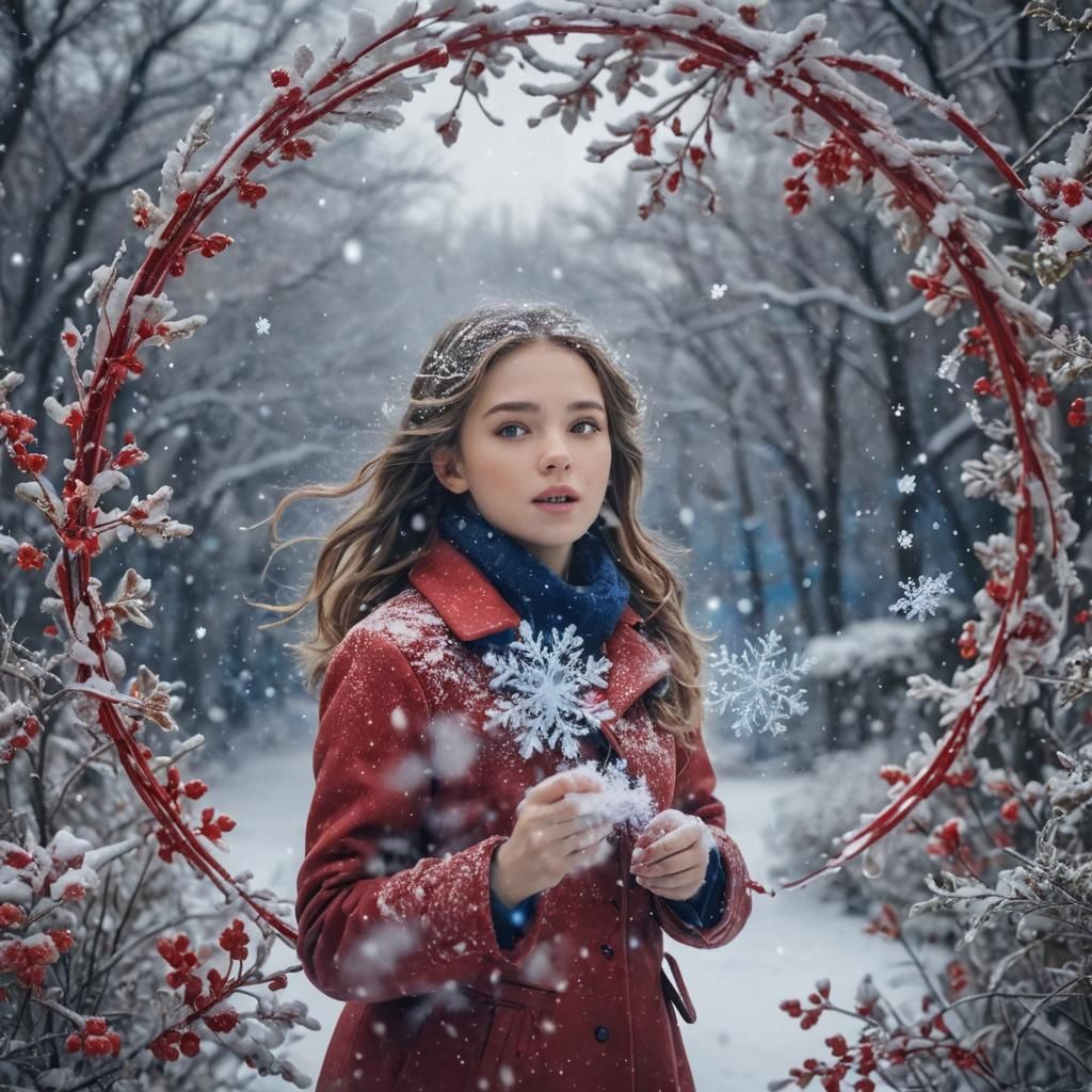Winter Girl in Snowy Crystal Flower Scene