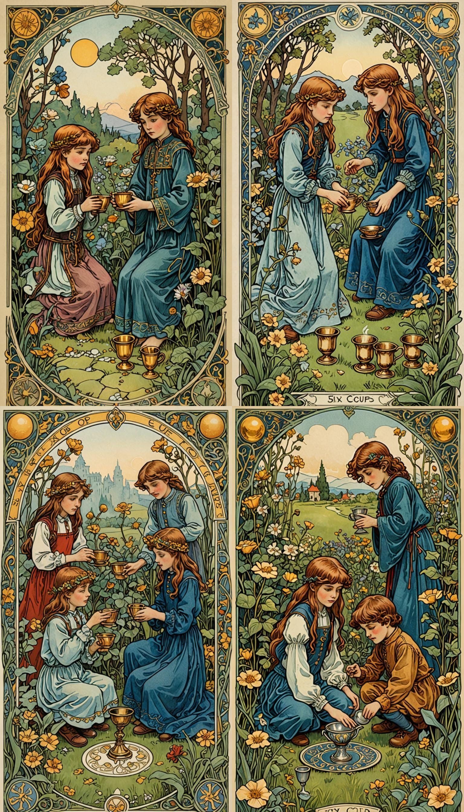 Art Nouveau Tarot Card: Six of Cups
