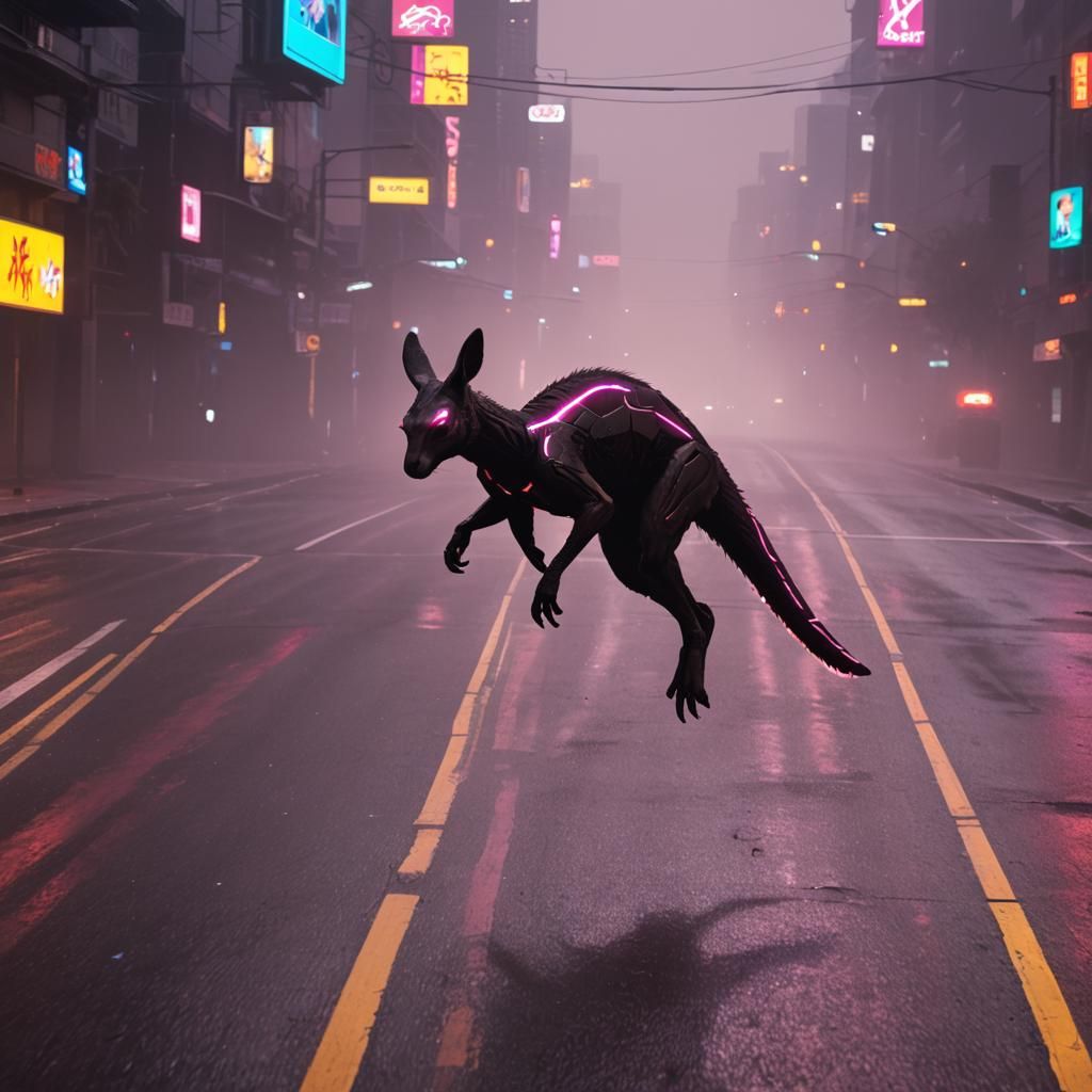 Cybernetic Kangaroo Jumps in Neon Australian Road