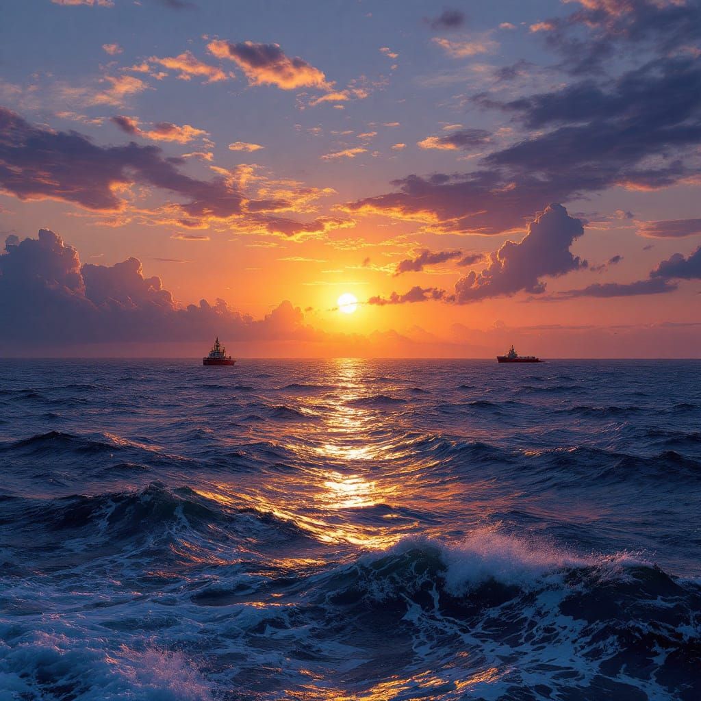 Ormuz Strait Sunset with Ships in Digital Painting Style