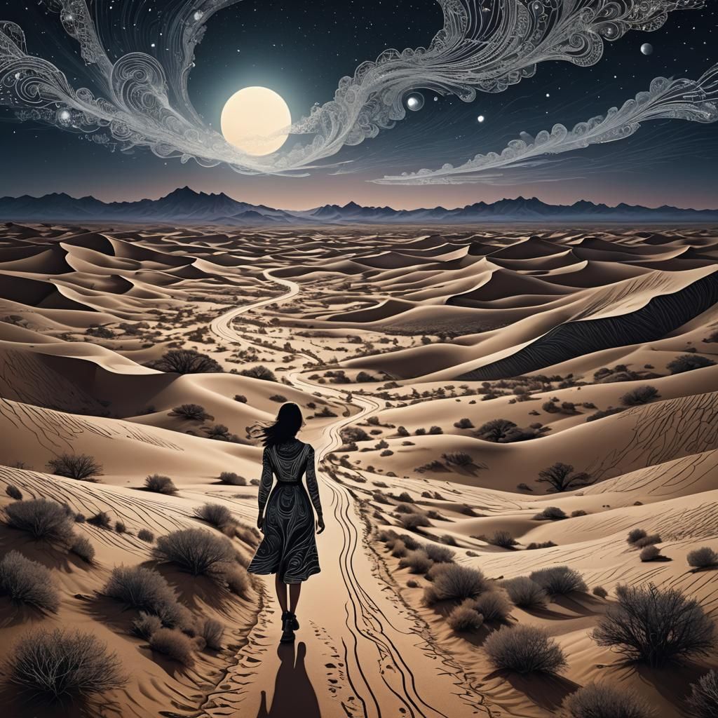 Surreal Desert Dreamscape at Night in Zentangle Style