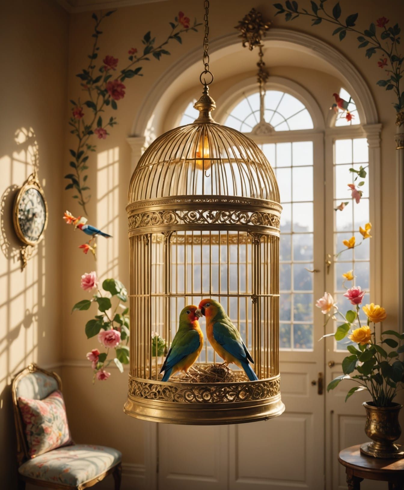 Colourful Lovebirds Escape Ornate Golden Birdcage
