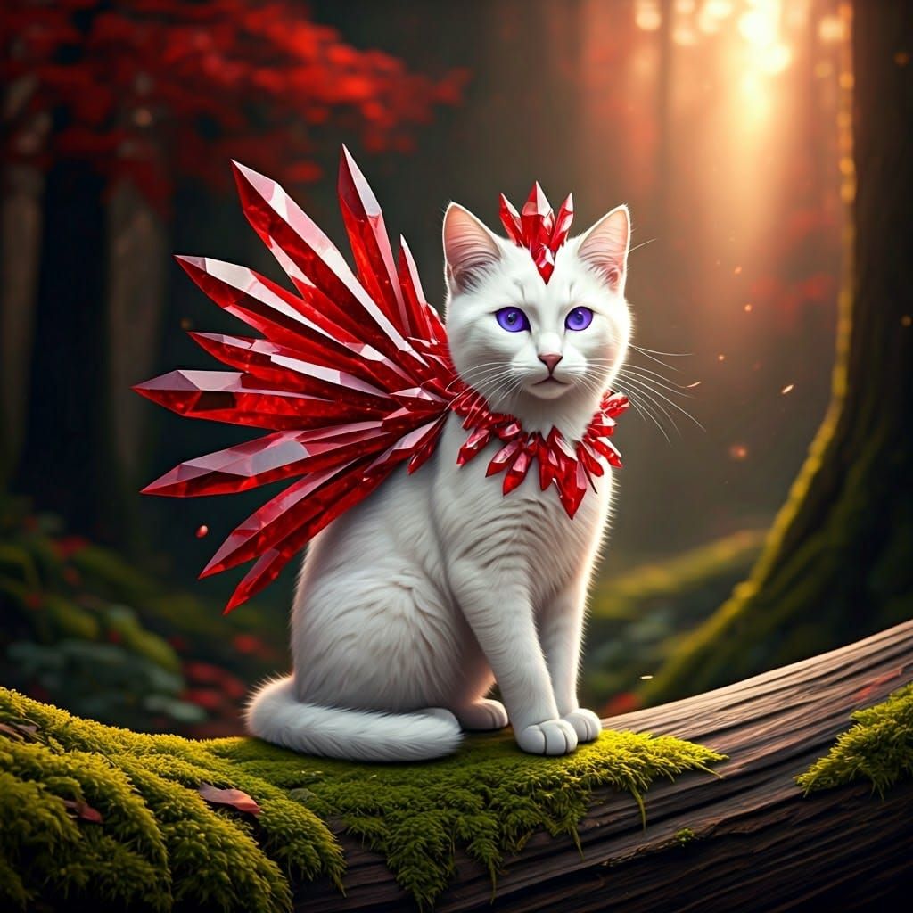 Majestic Fantasy Cat in Ruby-Red Crystal Ornaments