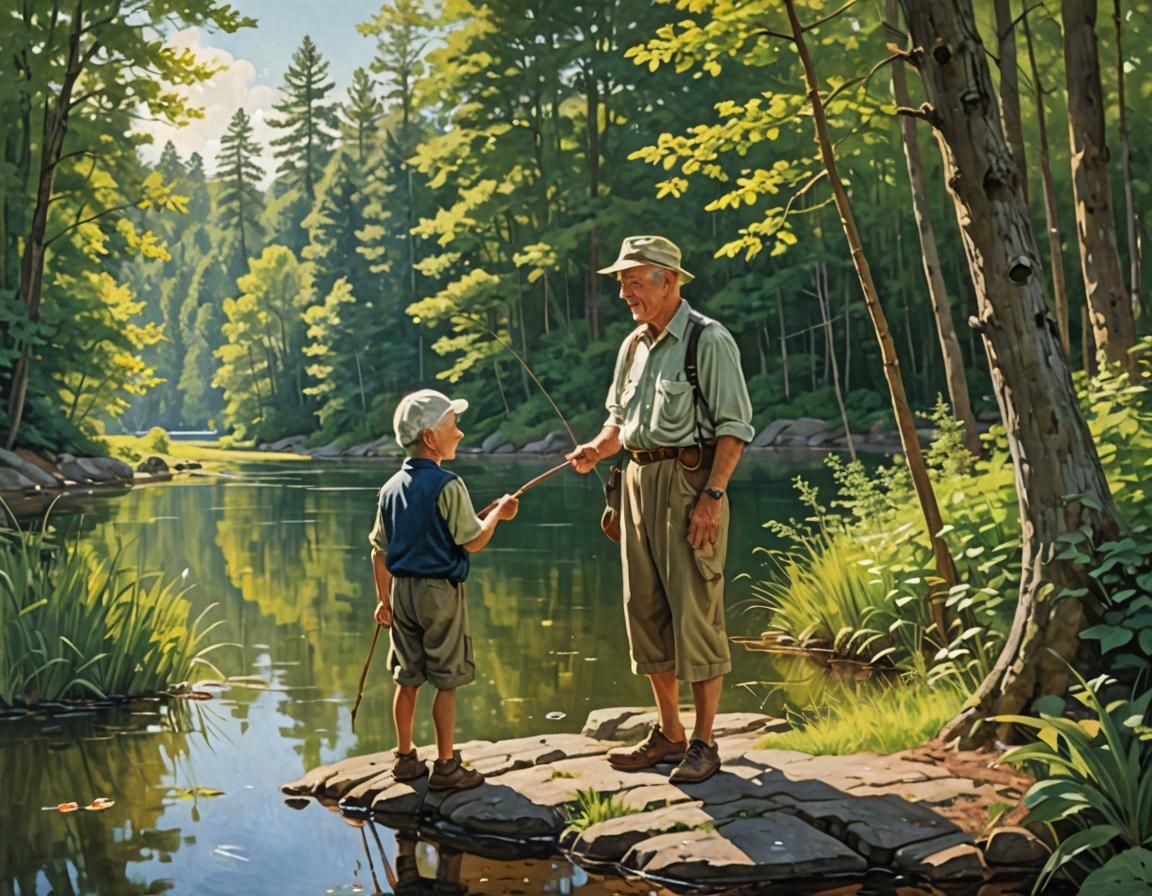 Grandparent and Child Fishing: Acrylic Painting of Serenity