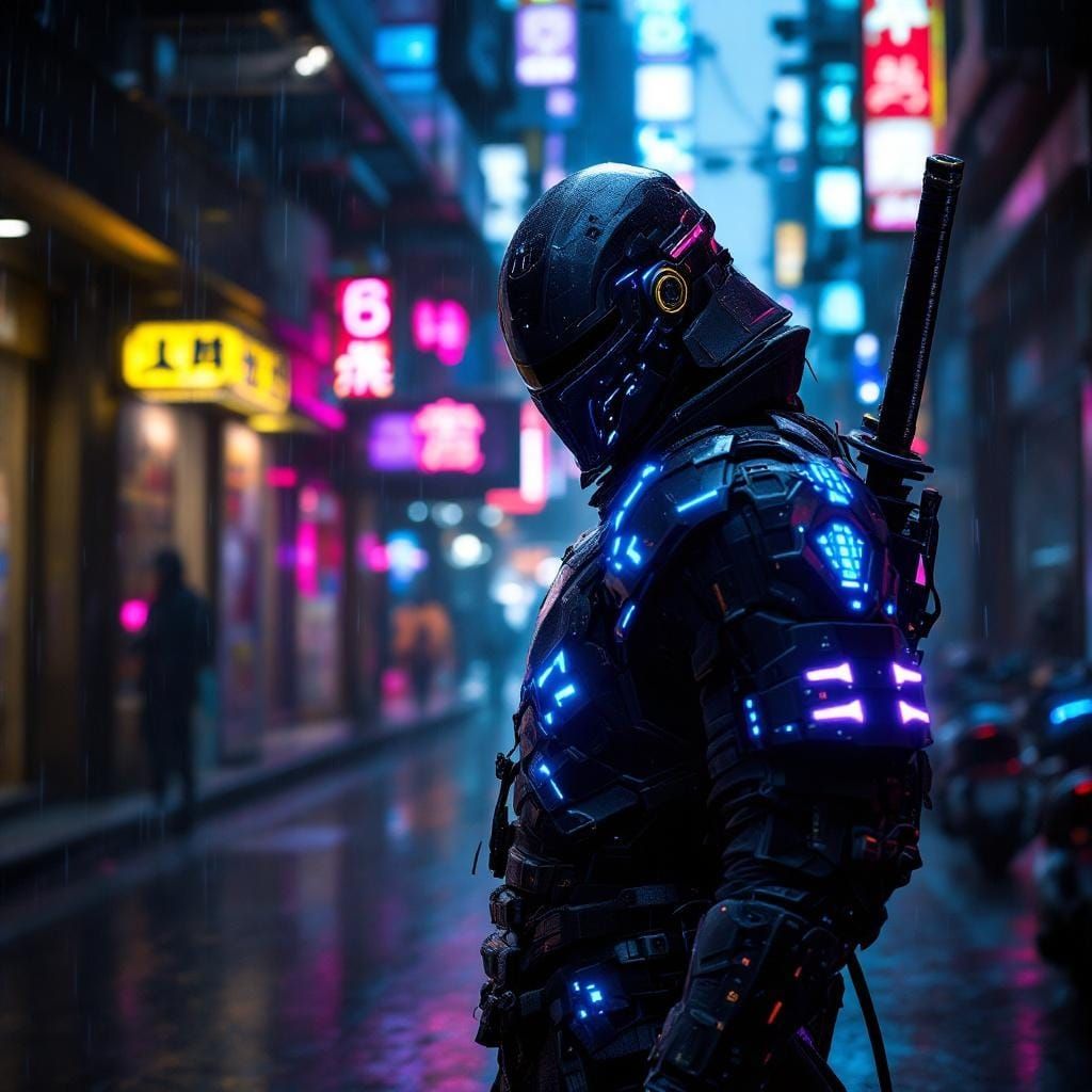 Cyberpunk Samurai in Neon Alley With Katana