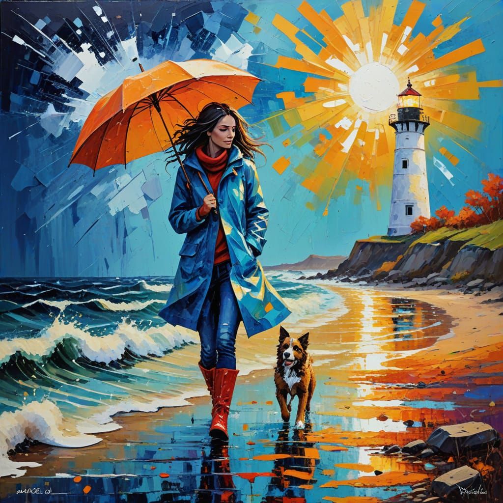 Woman Walking on Shore in Abstract Fall Landscape