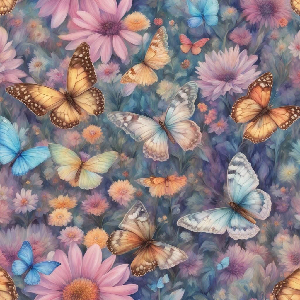 Forest animals Pastel butterfly meadow forest. Pastel flower...