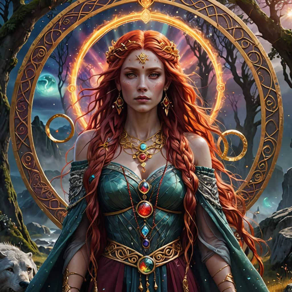 Goddess with Fiery Red Hair in Stone Circle