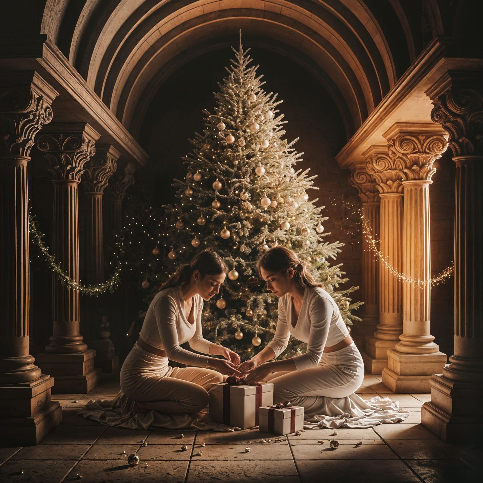 Women Unwrap Gifts in Crypt Near Christmas Tree