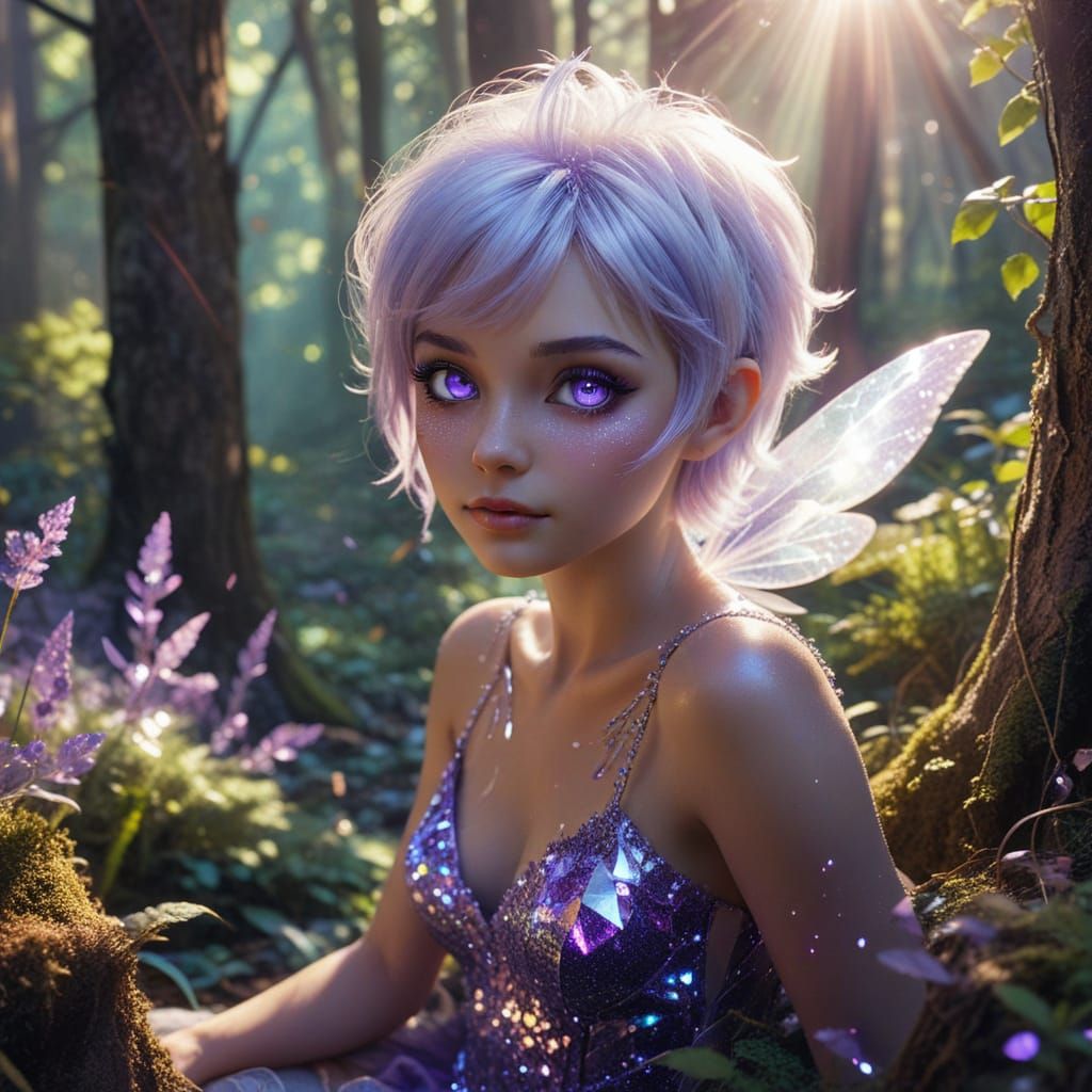 Pixie in a Warm Sunbeam, Magical Forest Scene