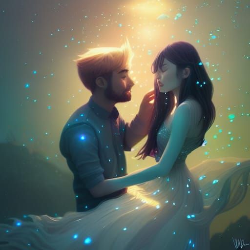 Romantic Couple Surrounded by Luminous Crystals