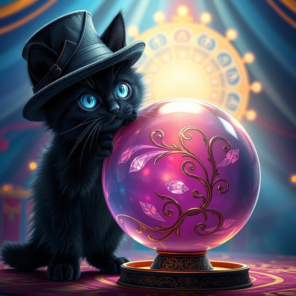 Whimsical Black Kitten in Magician's Hat, Suspended in Mid-A...