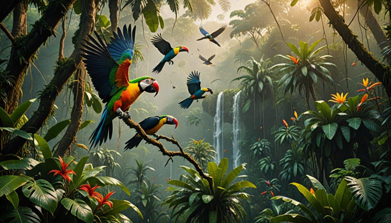 Tropical Parrots and Toucans in Misty Rainforest
