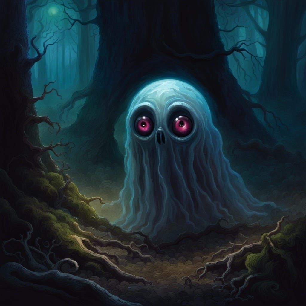 Cute Ghost in Misty Forest, Atmospheric Horror