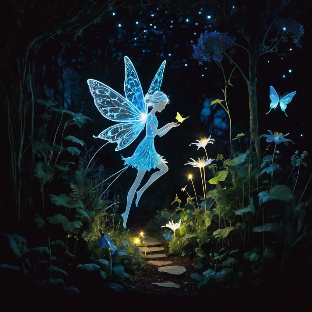 Whimsical Night Garden Scene in Vibrant Neon Colors