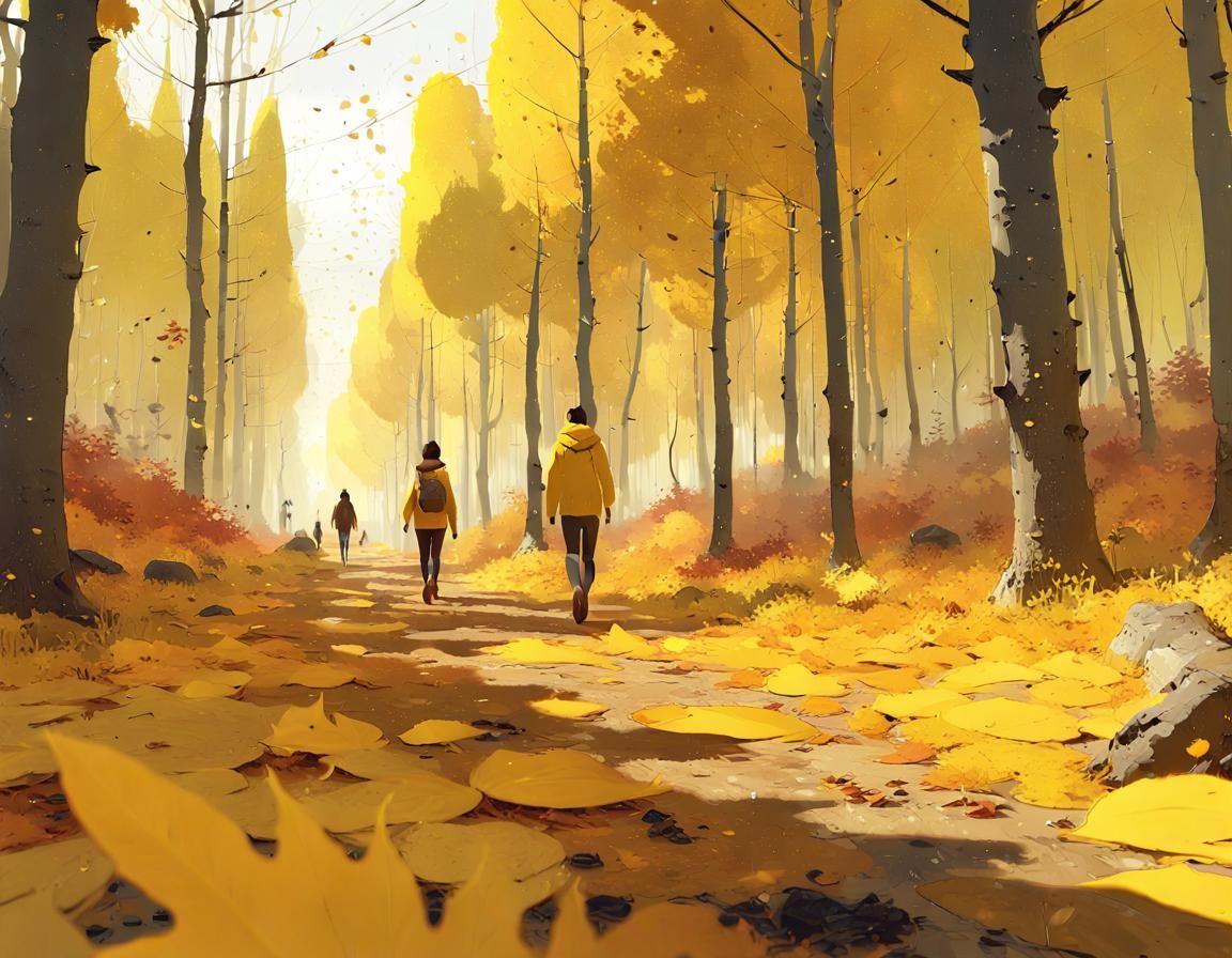 Hiker in Golden Autumn Forest, Digital Illustration