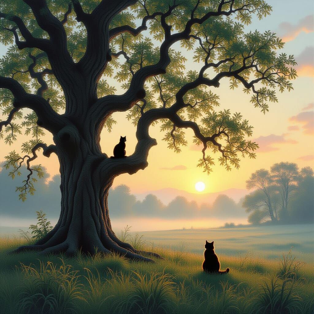 Ancient Oak Tree in Misty Meadow at Dawn, Hudson River Schoo...