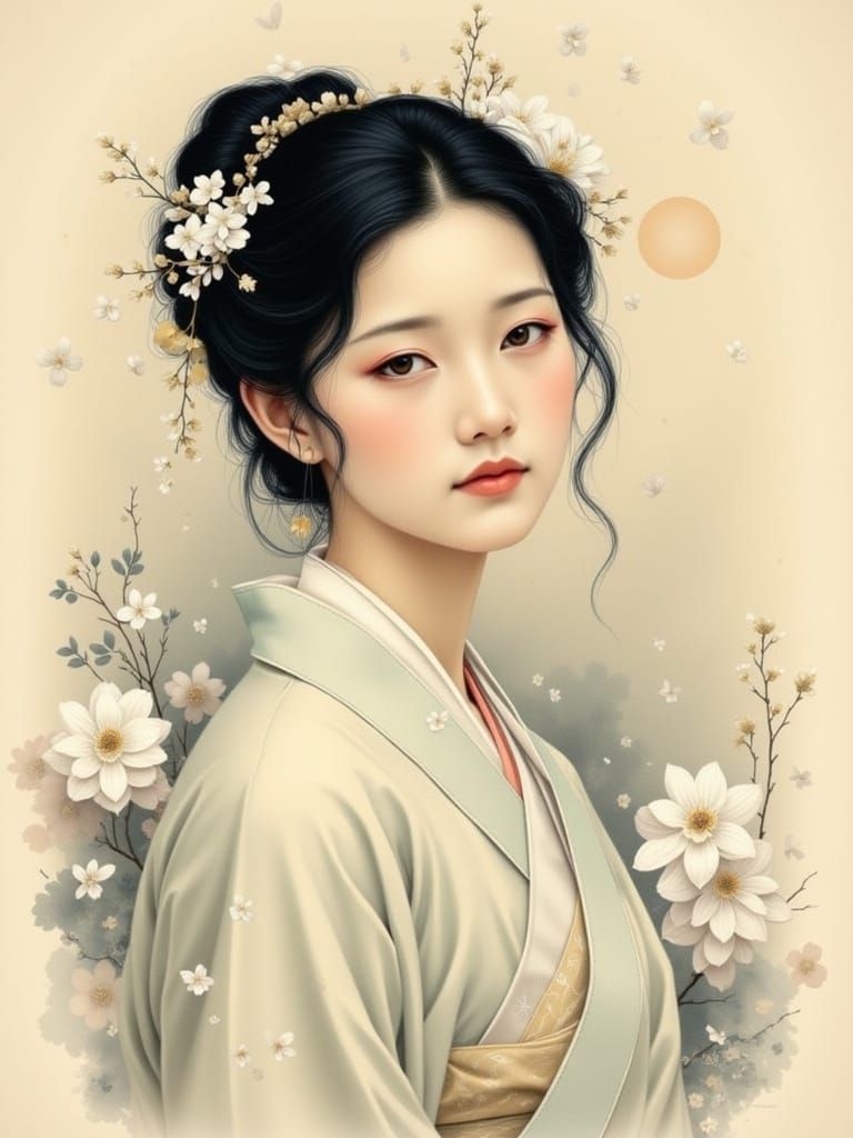 Serene Woman in Kimono: Vintage Japanese Portrait
