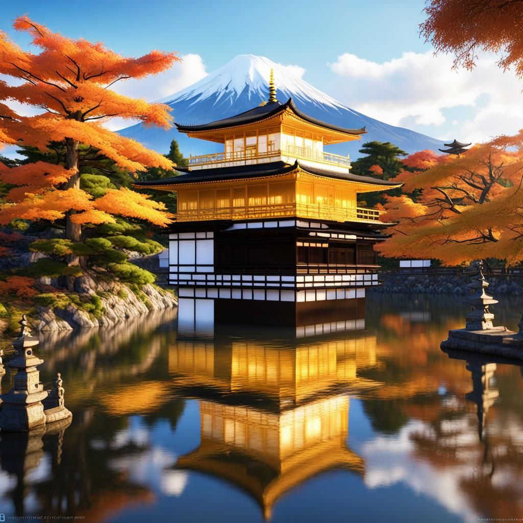 Golden Temple, Mount Fuji, Autumn, Hyperdetailed Painting