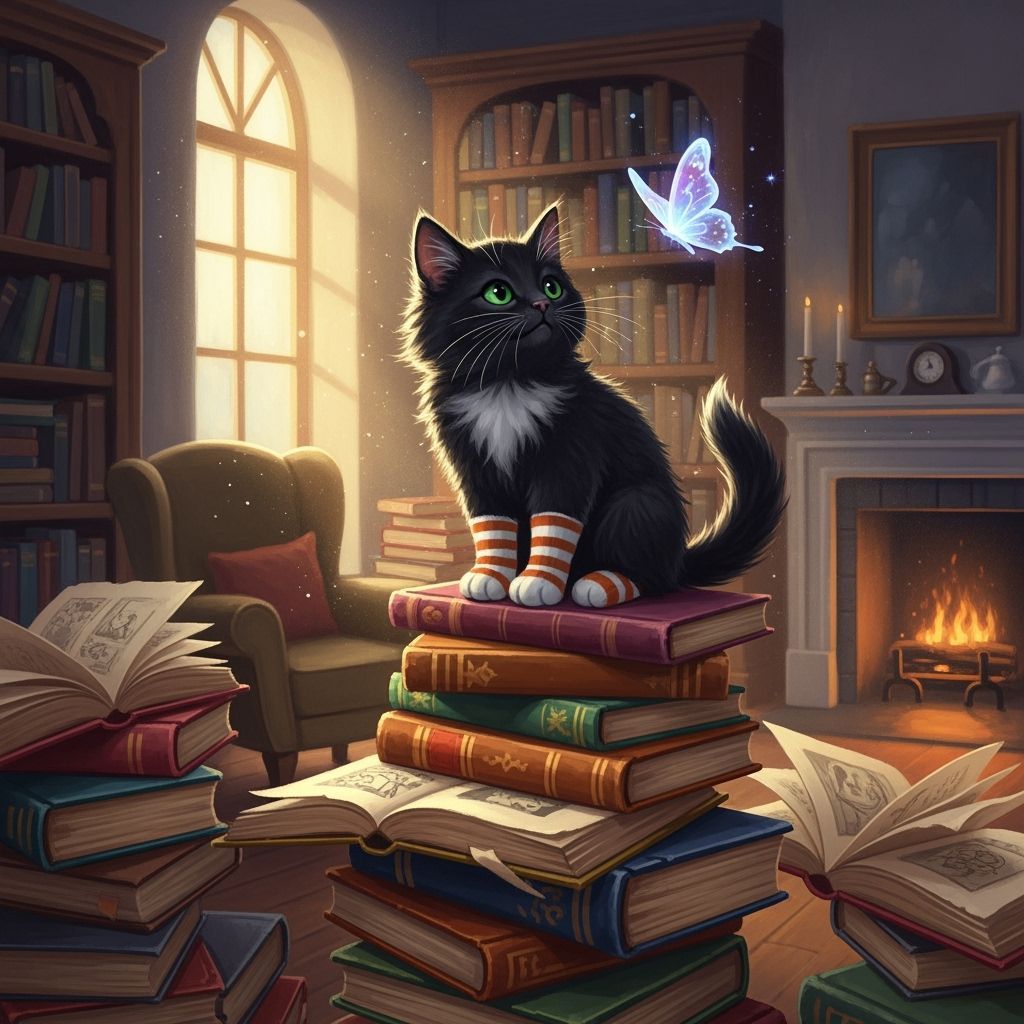 Kitten in Socks Watches Butterfly in Cozy Library