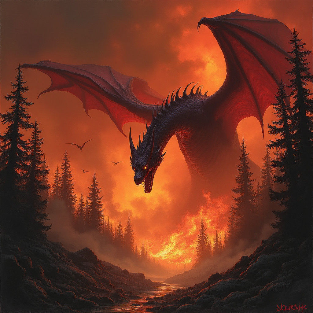 Crimson Dragon Ravages Burning Woods in Gothic Horror Style