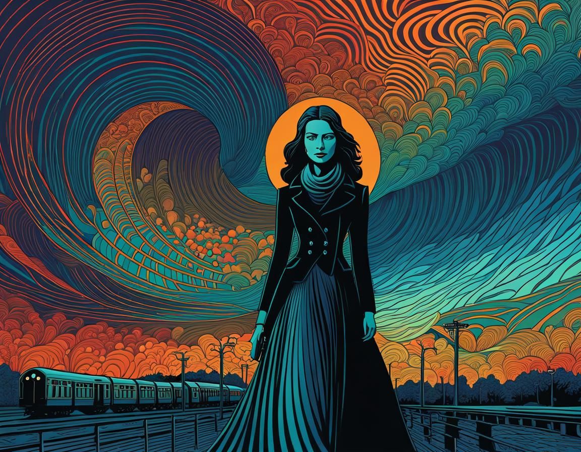 Lino-Cut Art of Woman Waiting for Train