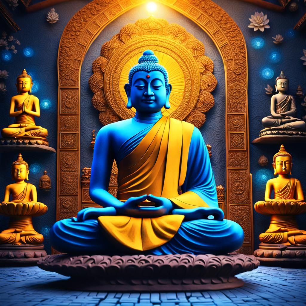 Zen Monk Meditating with Buddha Statue in HDR