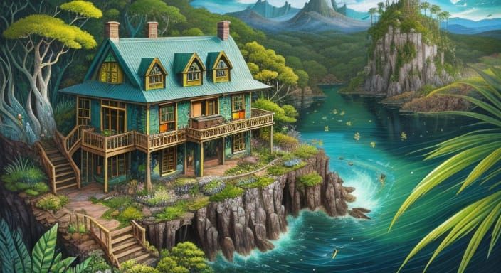 Whimsical Ecohouse in Tasmanian Ecosystem Illustration