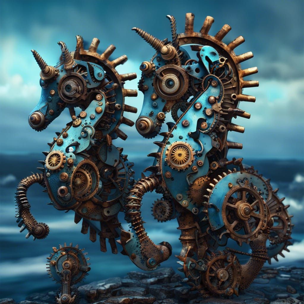 Steampunk Mechanical Seahorses in Flight