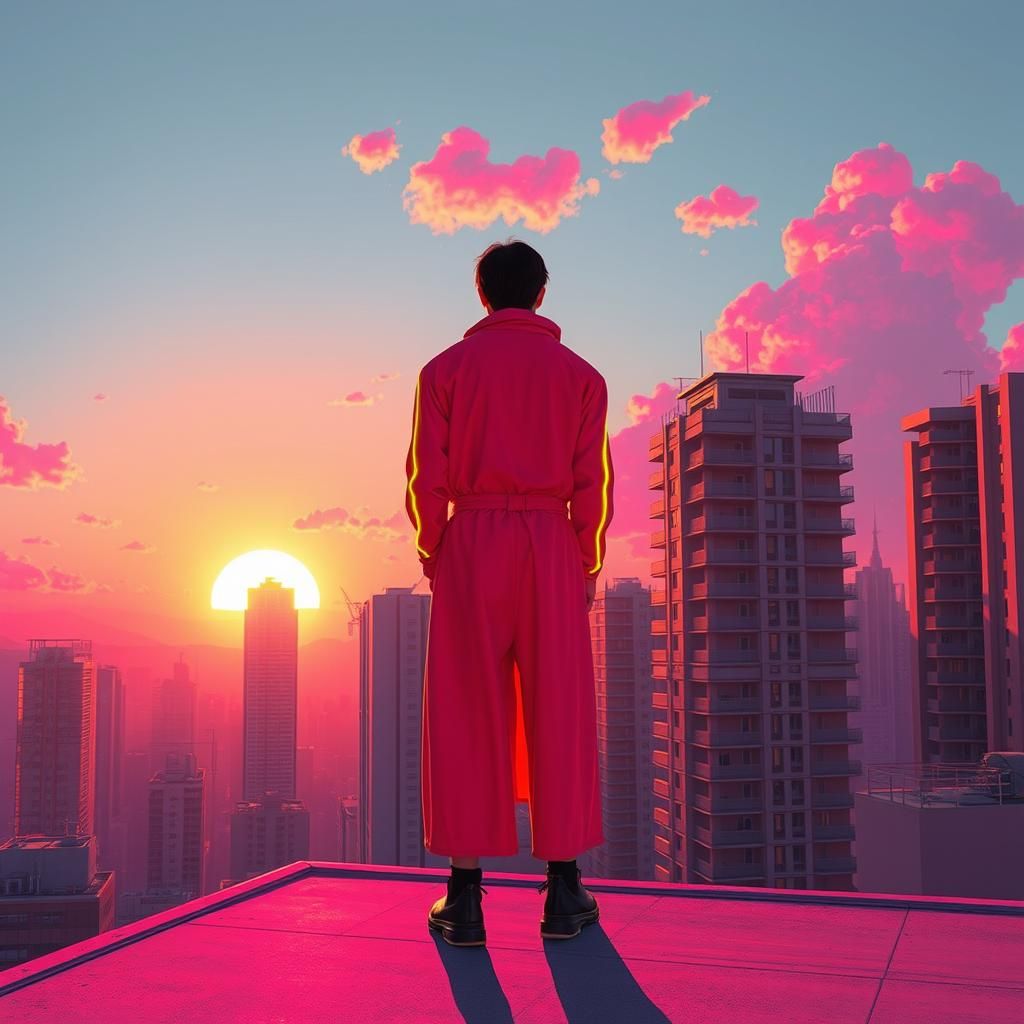Neon Figure Gazing at Pink Sunset Cityscape in Synthwave Sty...