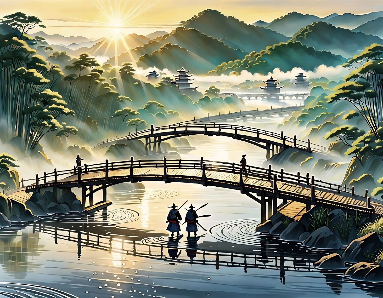 Samurai Duel on Bamboo Bridge in Feudal Japan