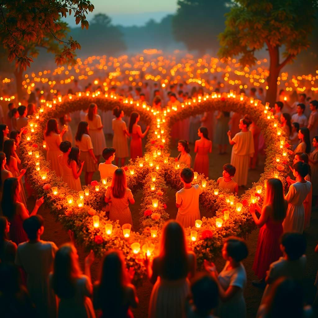 People with Candles Forming Peace Sign