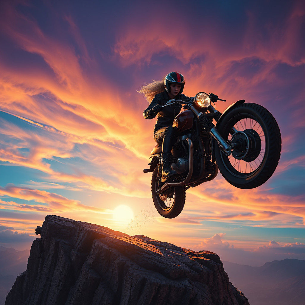Woman on Motorbike with Flamethrower Soaring Off Cliff