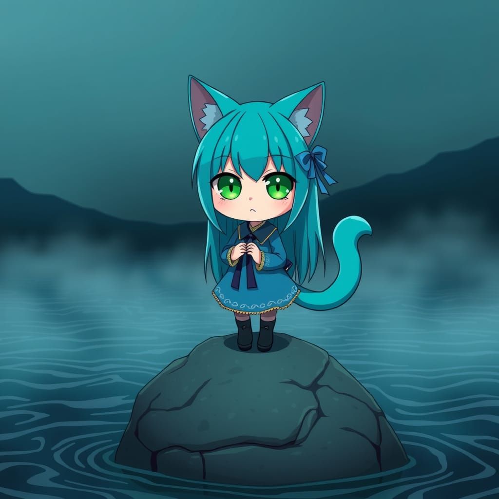 Misty Anime Catgirl on a Wavy Lake