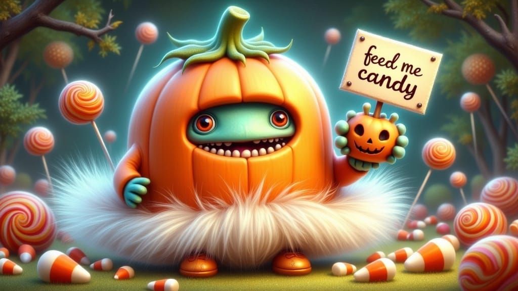 Pastel Monster in Pumpkin Costume with Candy Bucket