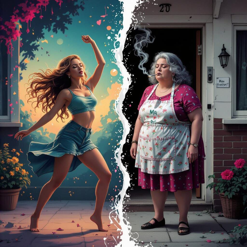 Young Woman Dancing vs. Older Woman Smoking