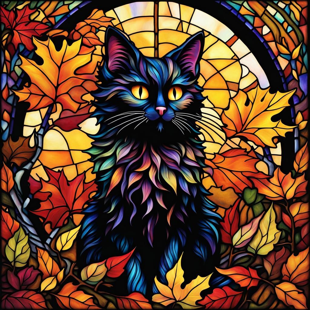 Gothic Stained Glass Cat in Autumn Leaves