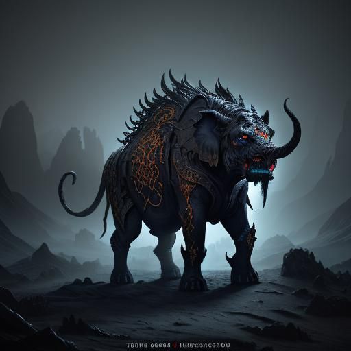 Hybrid Dragon Elephant Tiger in Dark Fantasy Landscape