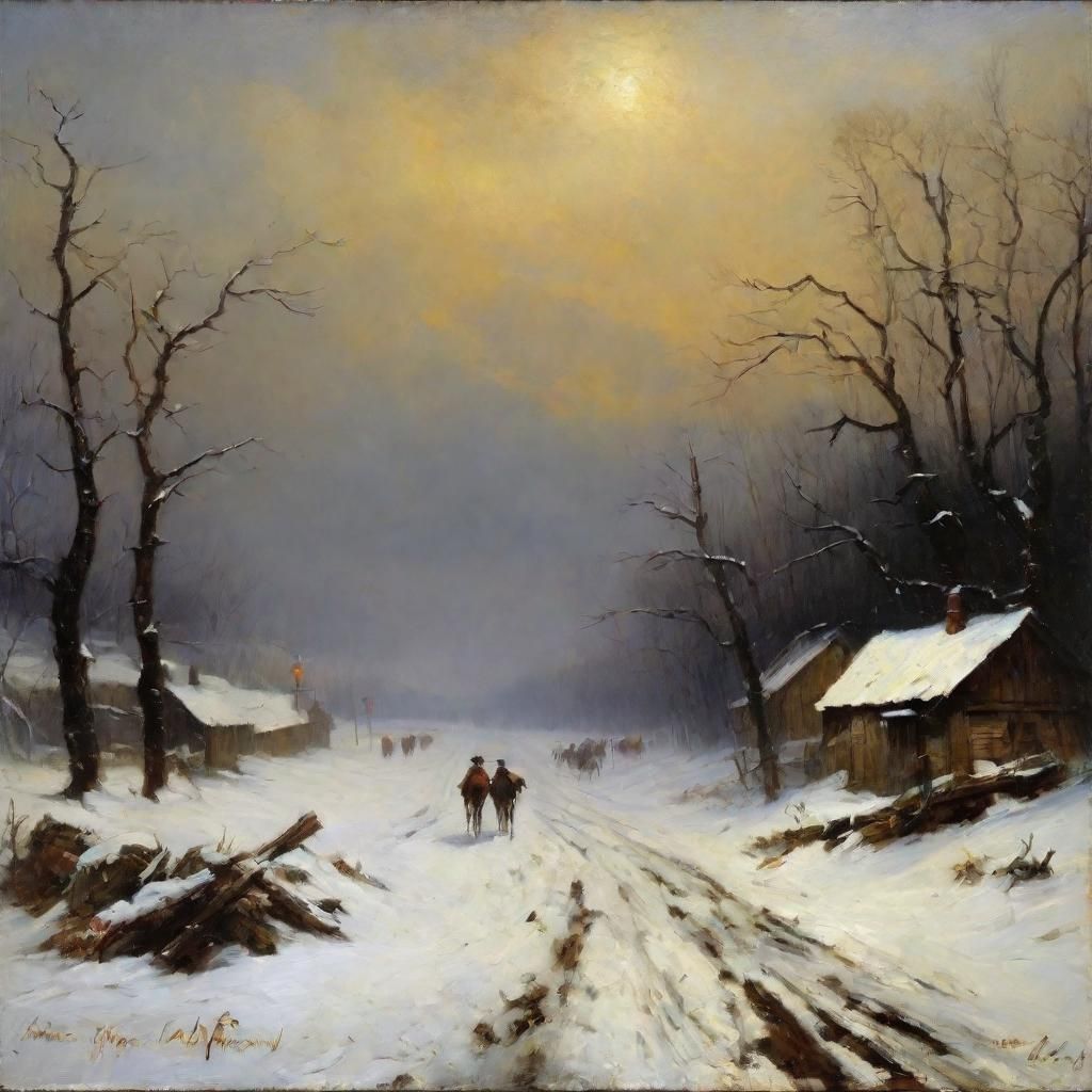 Bleak Winter Landscape in 1800s Oil Painting Style
