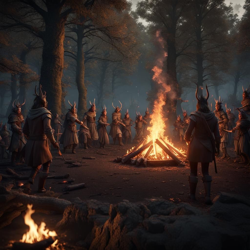 forest bonfire, partying, crowd, dark fantasy