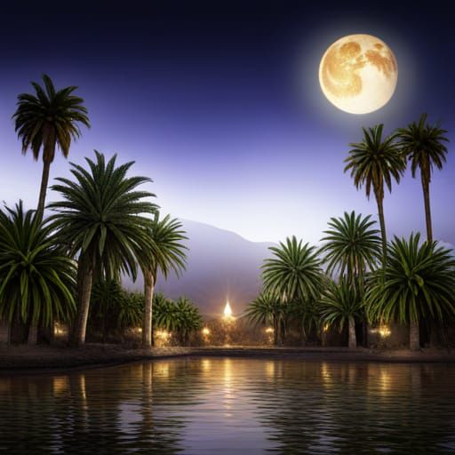 Mystical Egypt Landscape with Nile River and Moon