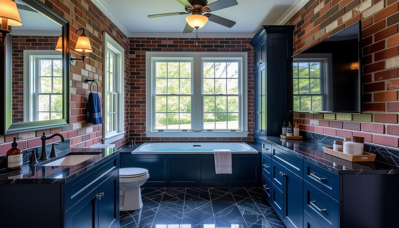Victorian Bathroom with Dark Blue and Brick Accents