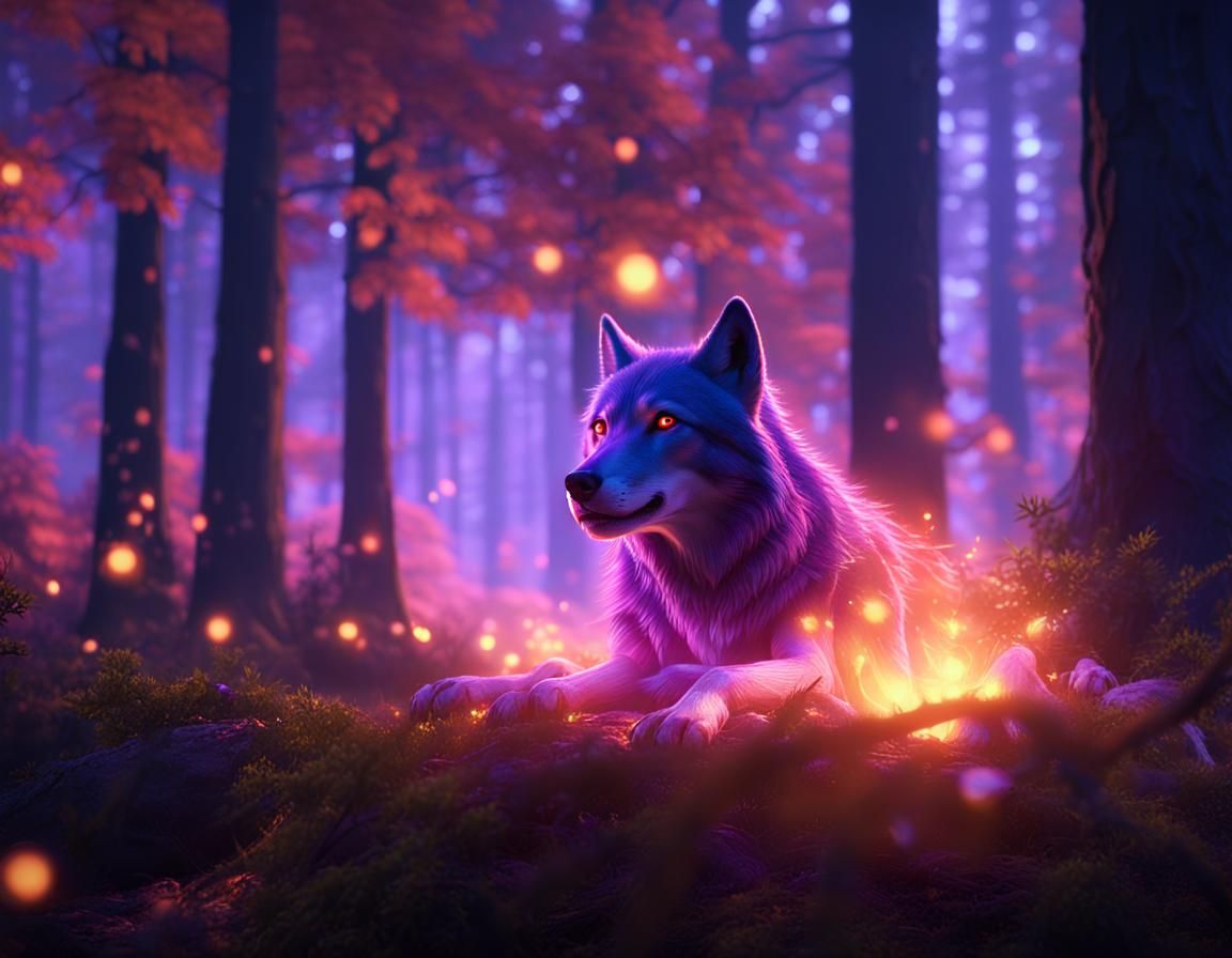 Glowing Wolf in Mystical Forest, Fantasy Concept Art
