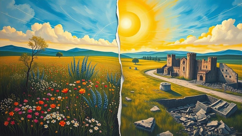 Surreal Divided Canvas: Meadow and War Zone