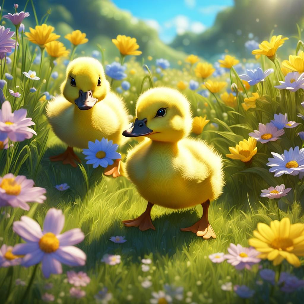 Adorable Ducklings Play in Sunny Flower Field