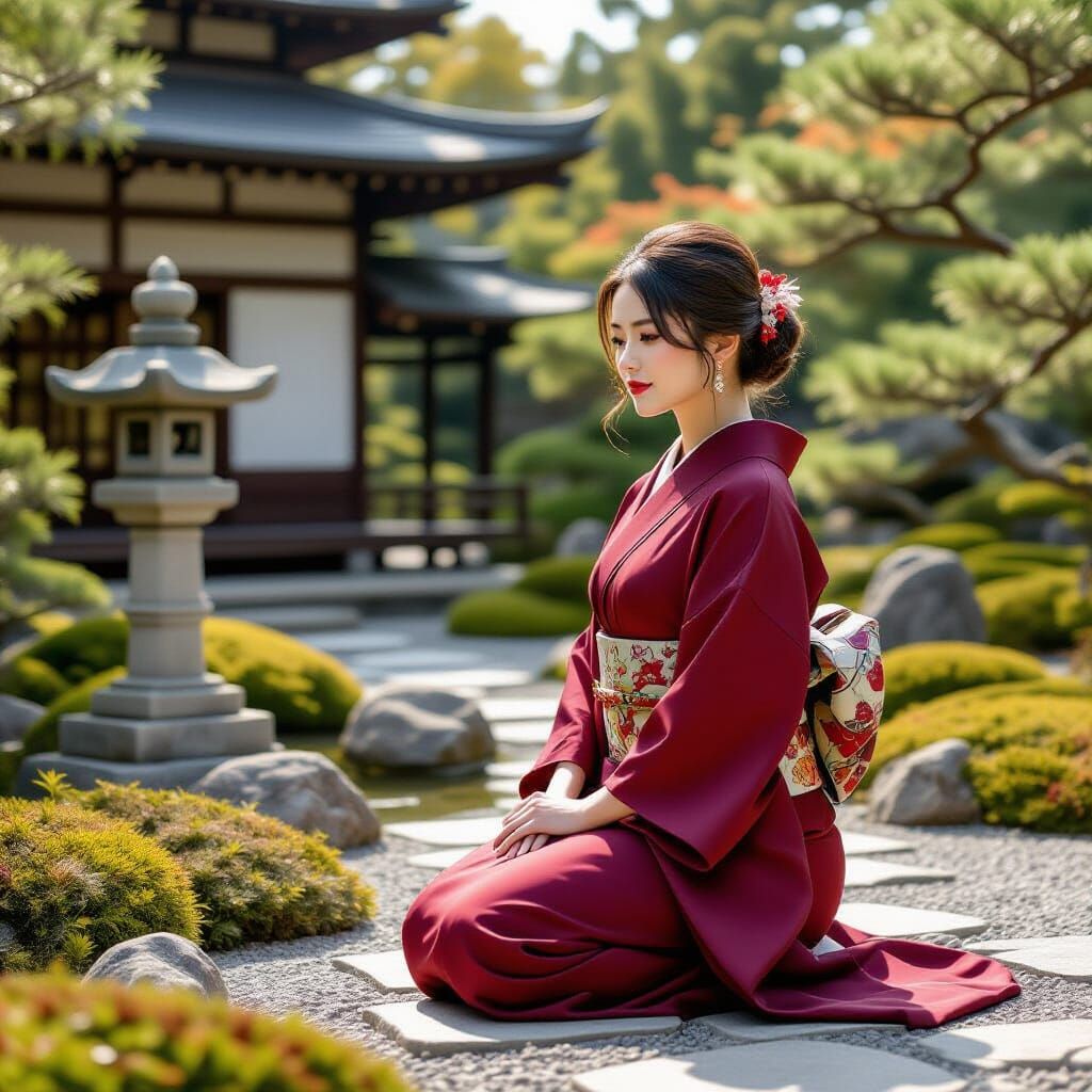 Woman in Maroon Kimono in Serene Japanese Garden